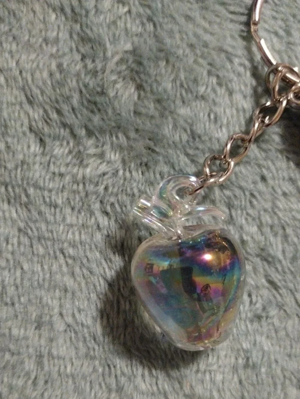 Iridescent Glass Apple Keychain with Light Blue Tassel
